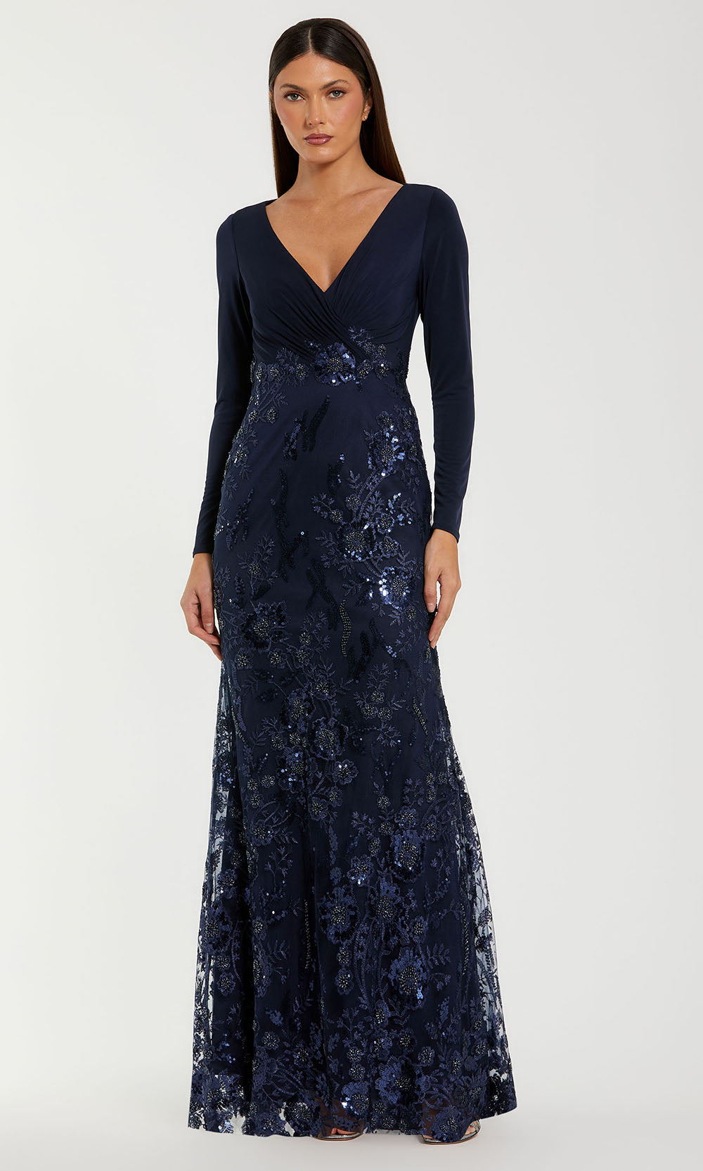 Mac Duggal 67871 - Long Jersey Sheath Dress - Long Sleeves, Ruched Bodice, Sequin, Floral Embroidery, Full Back, Scalloped Hem ADASA Mac Duggal 67871 - Long Jersey Sheath Dress - Long Sleeves, Ruched Bodice, Sequin, Floral Embroidery, Full Back, Scalloped Hem ADASA