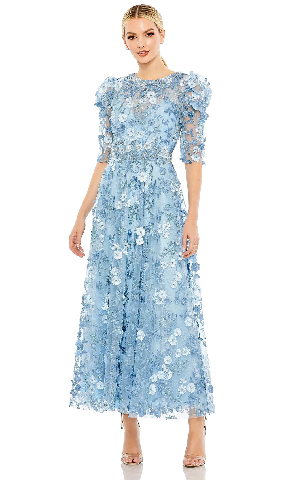 Mac Duggal - Blue Applique High Neck Puff Sleeve A Line Dress - US 10 Mac Duggal - Blue Applique High Neck Puff Sleeve A Line Dress - US 10