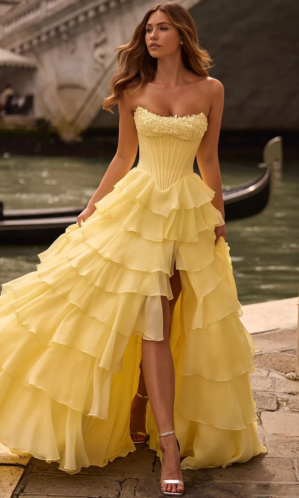 Sherri Hill 57541 - Long Chiffon Ballgown Dress - Floral Lace Applique, Corset Bodice, Strapless, Ruffle Tiered Skirt, High Slit, Sweep Train 4 / Sherri Hill 57541 - Long Chiffon Ballgown Dress - Floral Lace Applique, Corset Bodice, Strapless, Ruffle Tiered Skirt, High Slit, Sweep Train 4 /