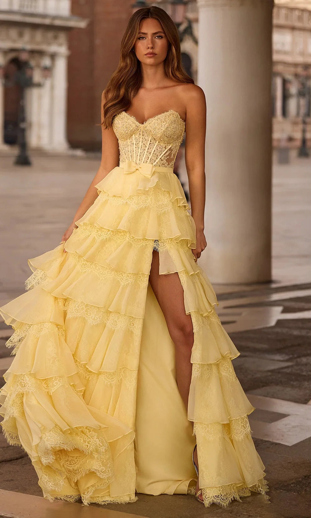 Sherri Hill 57479 - Long Chiffon, Lace A-line Dress - Strapless, Beaded, Embroidered Corset Bodice, Scalloped Lace, Tiered Ruffle Skirt, Bow Waistband, Train ADASA Sherri Hill 57479 - Long Chiffon, Lace A-line Dress - Strapless, Beaded, Embroidered Corset Bodice, Scalloped Lace, Tiered Ruffle Skirt, Bow Waistband, Train ADASA