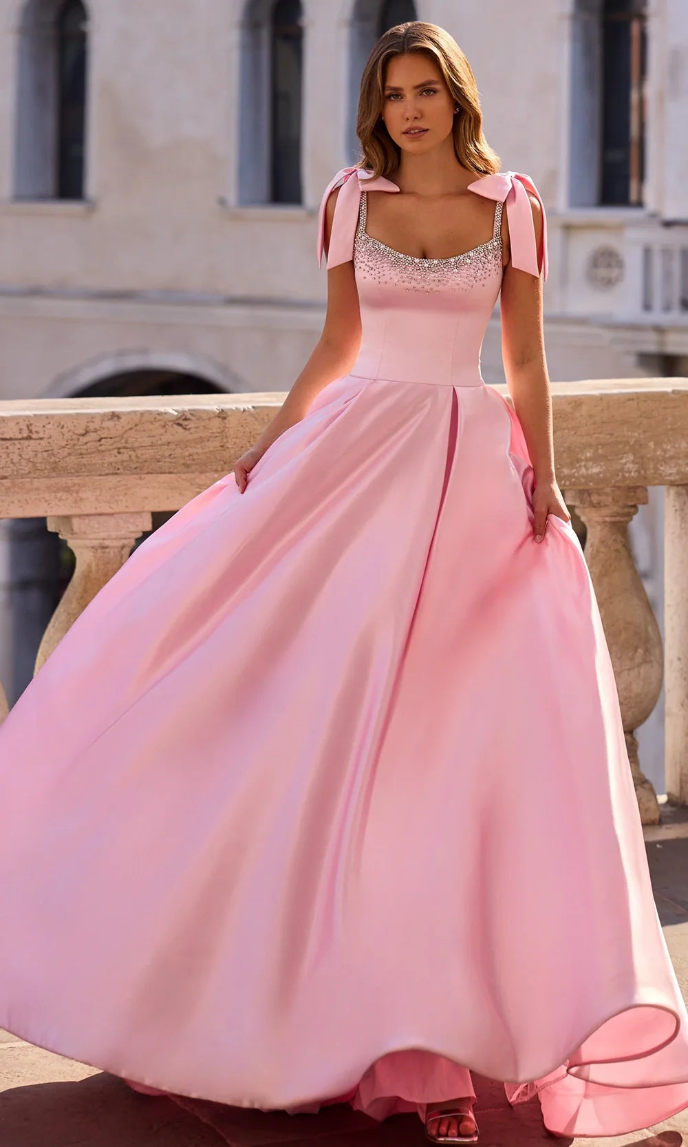 Sherri Hill 57574 - Long Satin Ballgown Dress - Crystal Trim Bodice, Bow Shoulder Straps, Pleated Skirt, Mid-Open Back 12 / Yellow