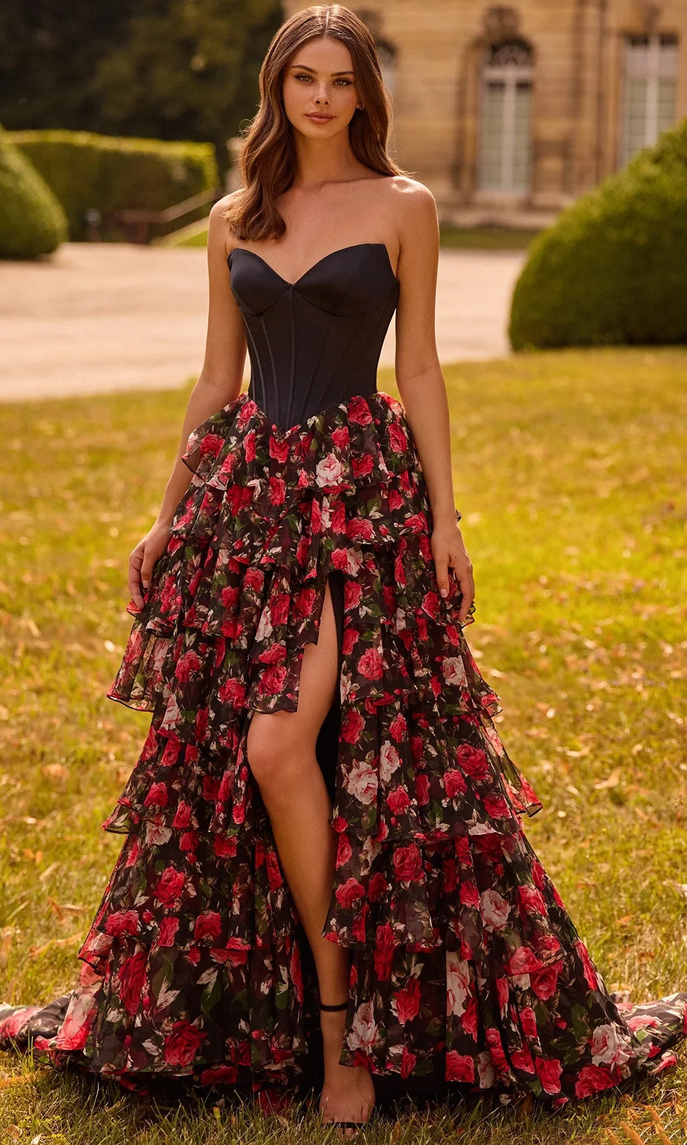Sherri Hill 57722 - Long Satin, Chiffon A-Line Dress - Strapless, Exposed  Boning, Floral Ruffle Skirt, High Slit, Sweep Train, Open Back  ADASA