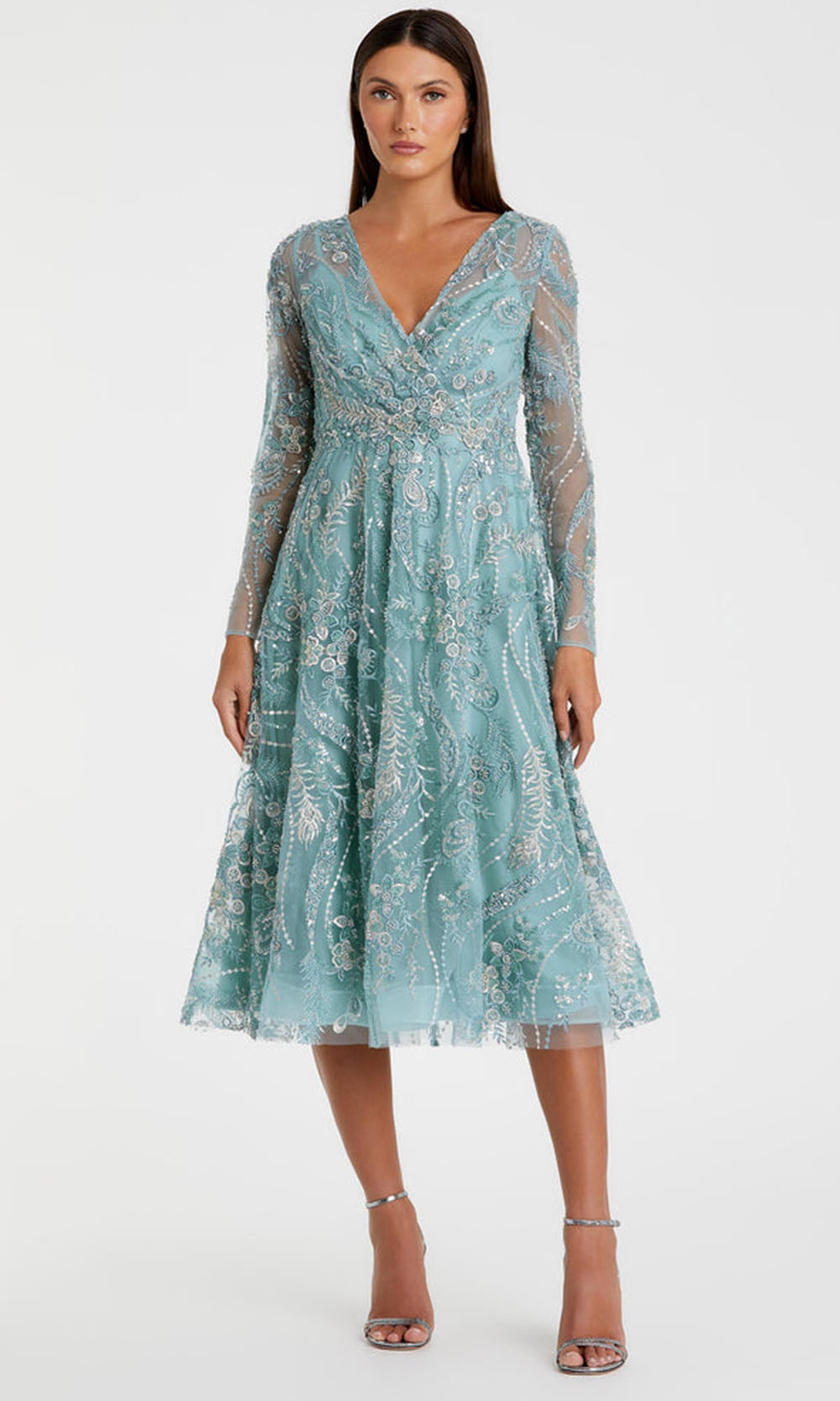 mac duggal embroidered fit & flare cocktail dress Mac Duggal V-Neck Sleeveless Midi Floral Beaded A-Line Dress in Nude Multi at Nordstrom, Size 6