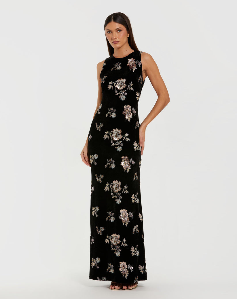 Mac Duggal 68959 - Jewel Neck Velvet Column Gown In Black and Multi