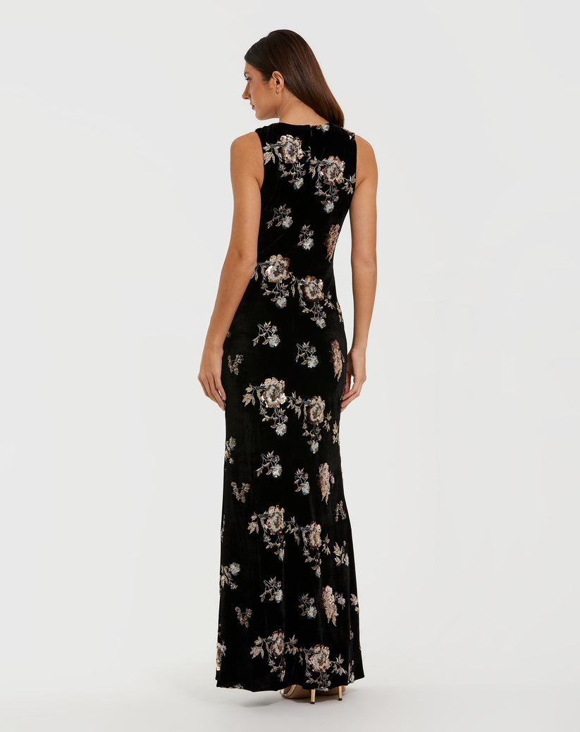 Mac Duggal 68959 - Jewel Neck Velvet Column Gown In Black and Multi