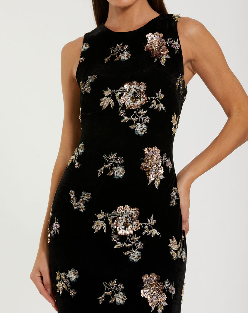 Mac Duggal 68959 - Jewel Neck Velvet Column Gown In Black and Multi