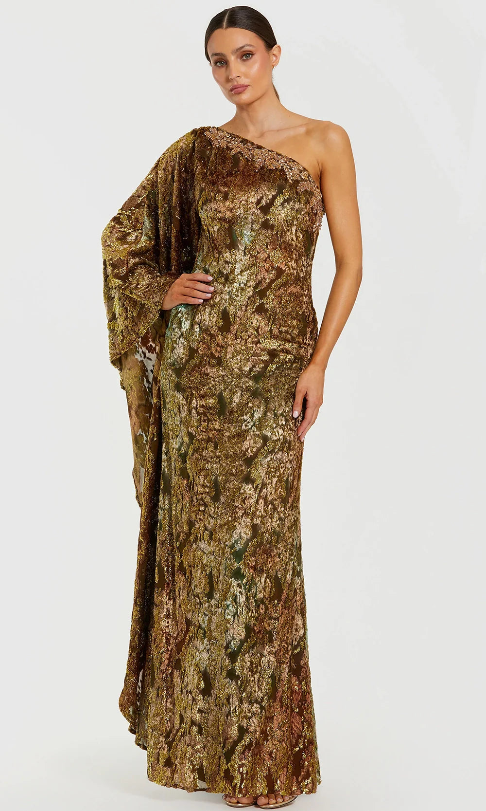Mac Duggal - Gold One Shoulder Metallic Burnout Velvet Evening Gown - Gold Multi / US 6