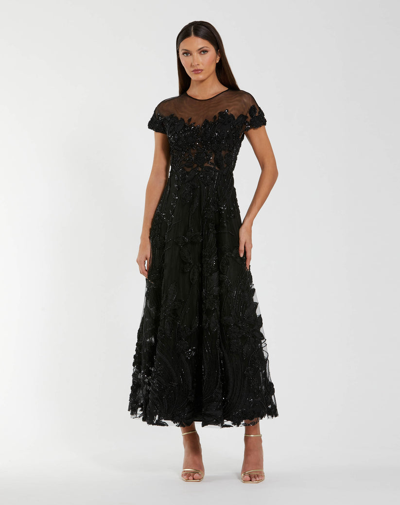 Mac Duggal 69003 - 3D Lace Applique Illusion Jewel Evening Dress In Black
