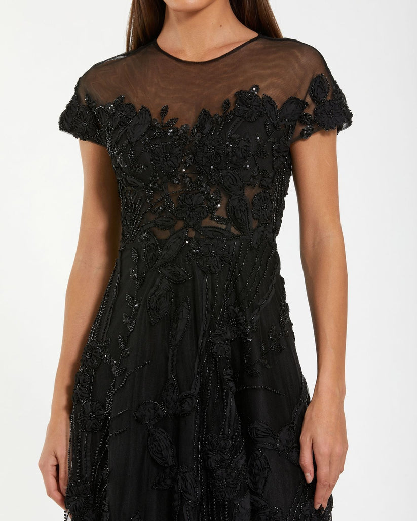 Mac Duggal 69003 - 3D Lace Applique Illusion Jewel Evening Dress In Black