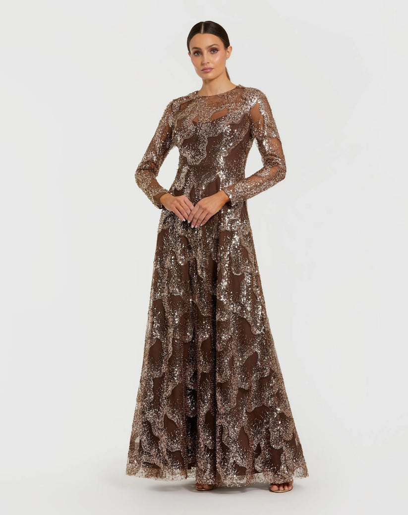 Mac Duggal 69005 - Long Sleeve Sequined Illusion Gown In Brown