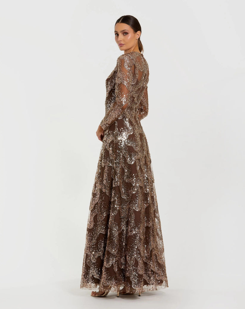 Mac Duggal 69005 - Long Sleeve Sequined Illusion Gown In Brown