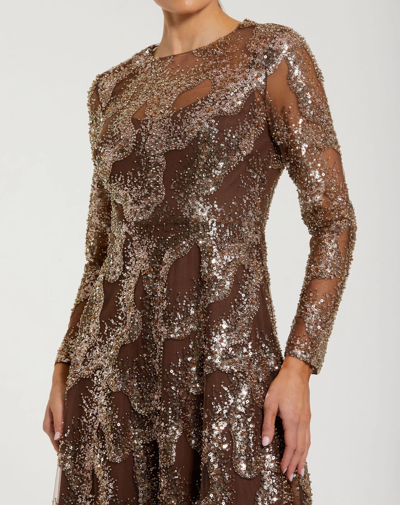 Mac Duggal 69005 - Long Sleeve Sequined Illusion Gown In Brown