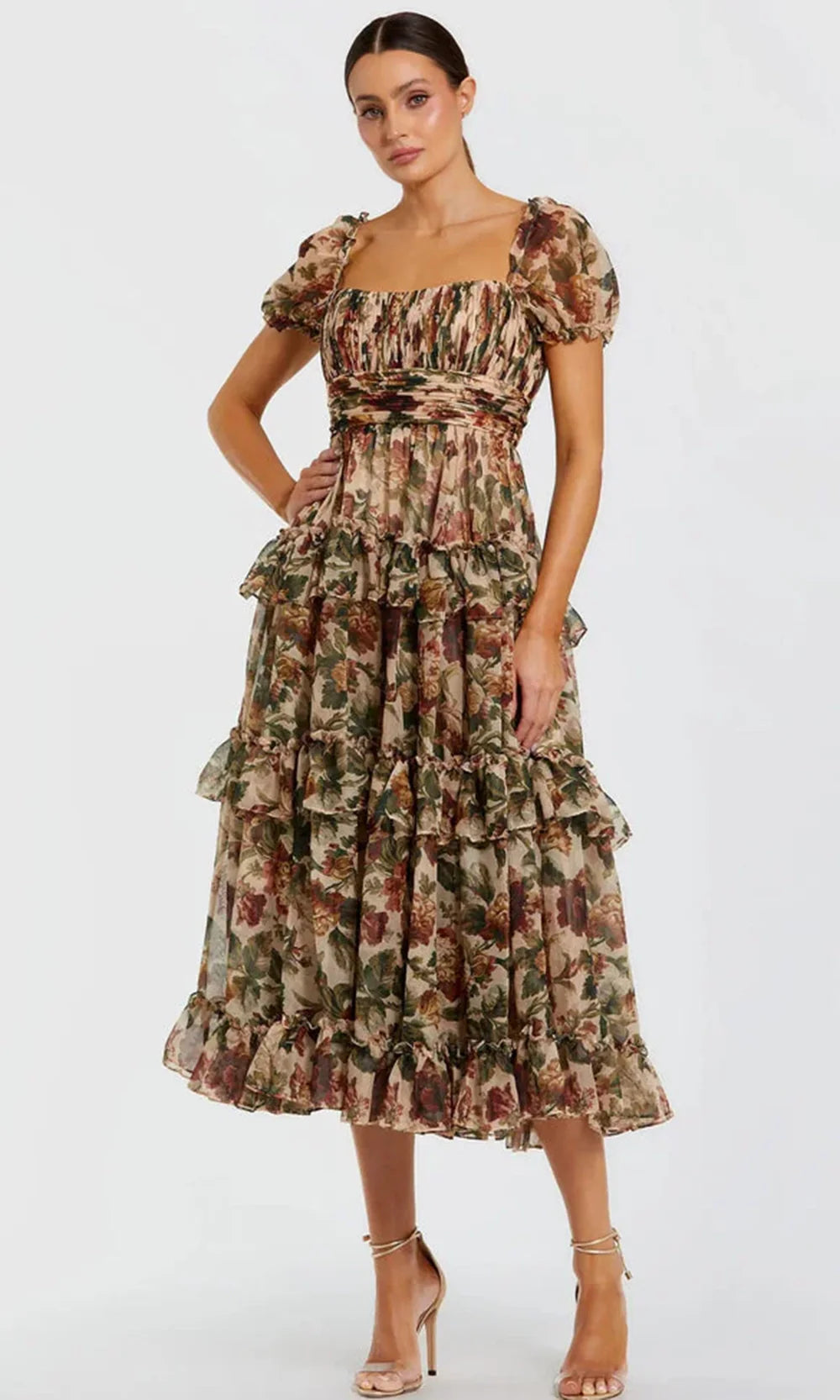 ruched waist floral tea dress Tea Length Printed Lurex Bodre Dress with Ruched Waist, Surplice Bodice, Cold Shoulder Sleeves and Tiered Skirt