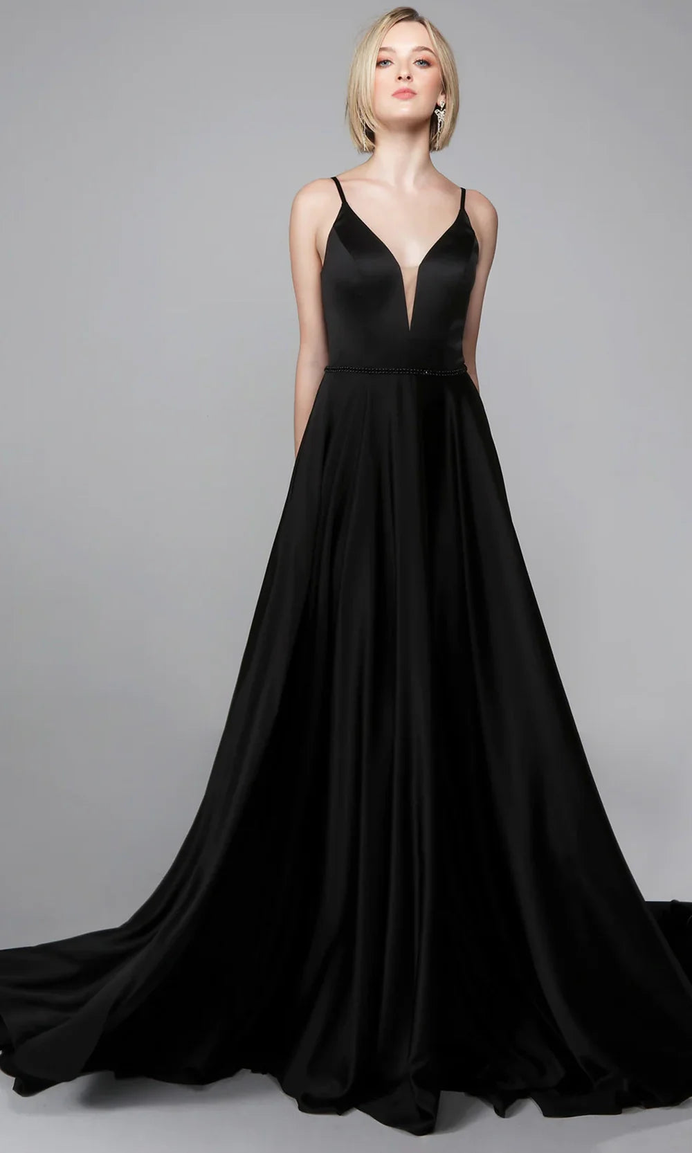 Alyce Paris 7024 - Long Perfect Satin A-line Dress - Spaghetti Straps, Beaded Thin Waistband, Flowy Skirt, V-Back, Covered Back Buttons, Sweep Train Alyce Paris 7024 - Long Perfect Satin A-line Dress - Spaghetti Straps, Beaded Thin Waistband, Flowy Skirt, V-Back, Covered Back Buttons, Sweep Train