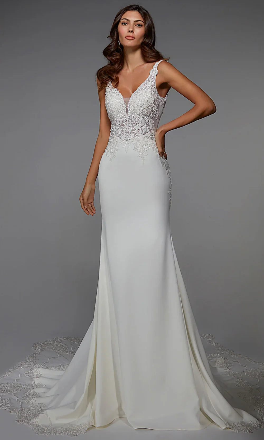 Alyce Paris 7027 - Long Stretch Crepe/Lace Sheath Dress