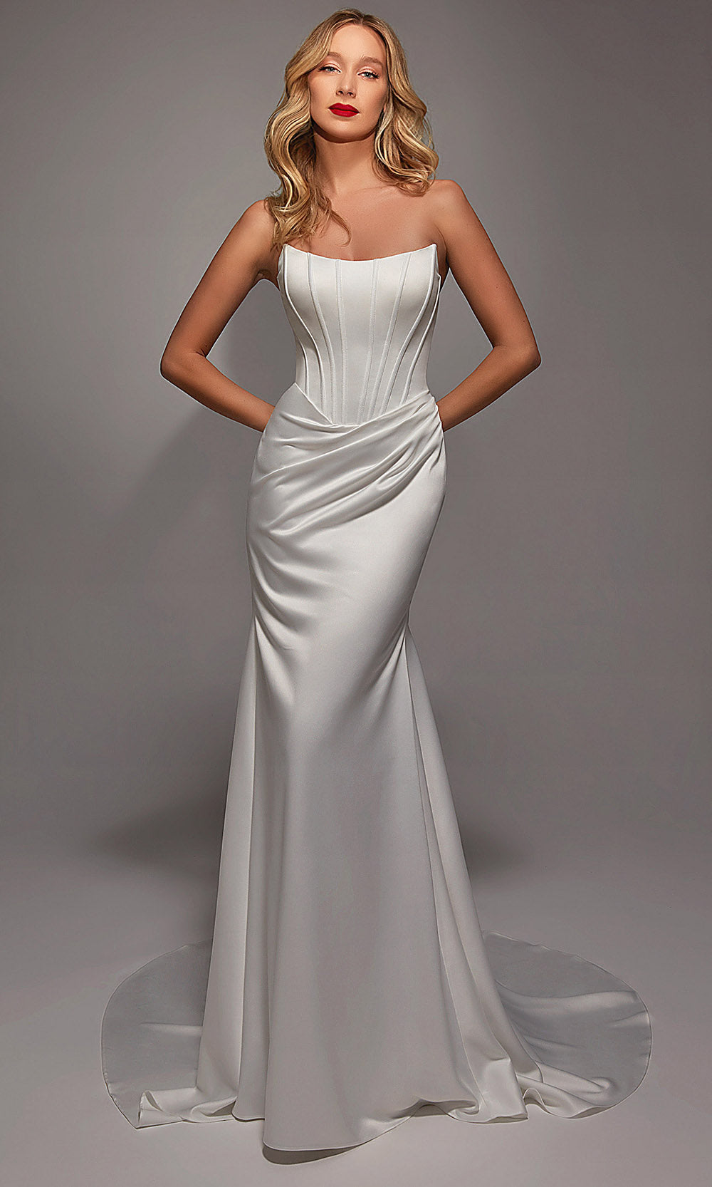 Alyce Paris 7139 - Long Perfect Satin Trumpet Dress - Structured Corset Bodice, Strapless, Ruched Hip, Lace-Up Back, Covered Buttons, Sweep Train ADASA Alyce Paris 7139 - Long Perfect Satin Trumpet Dress - Structured Corset Bodice, Strapless, Ruched Hip, Lace-Up Back, Covered Buttons, Sweep Train ADASA