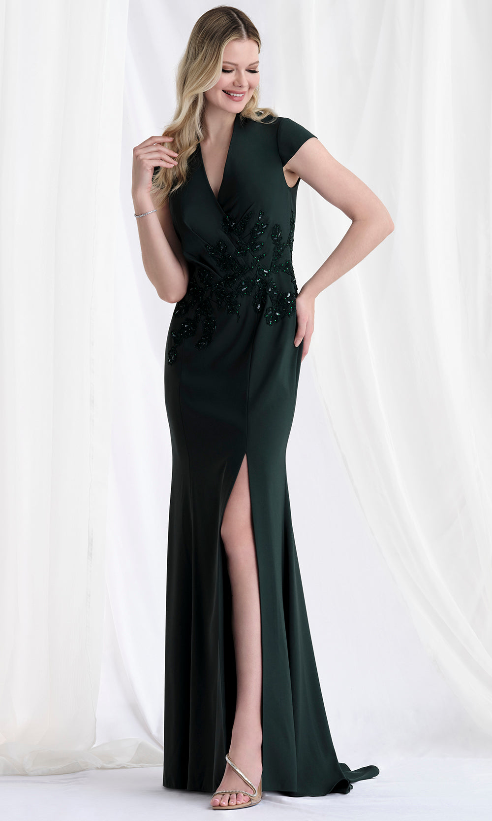 MGNY By Mori Lee 73163 - Embellished Cap Sleeve Gown with Slit Mother of the Bride Dresses