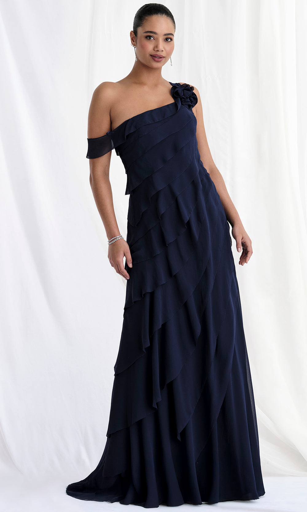 MGNY By Mori Lee 73173 - Tiered Asymmetric Gown with Floral Detail Mother of the Bride Dresses