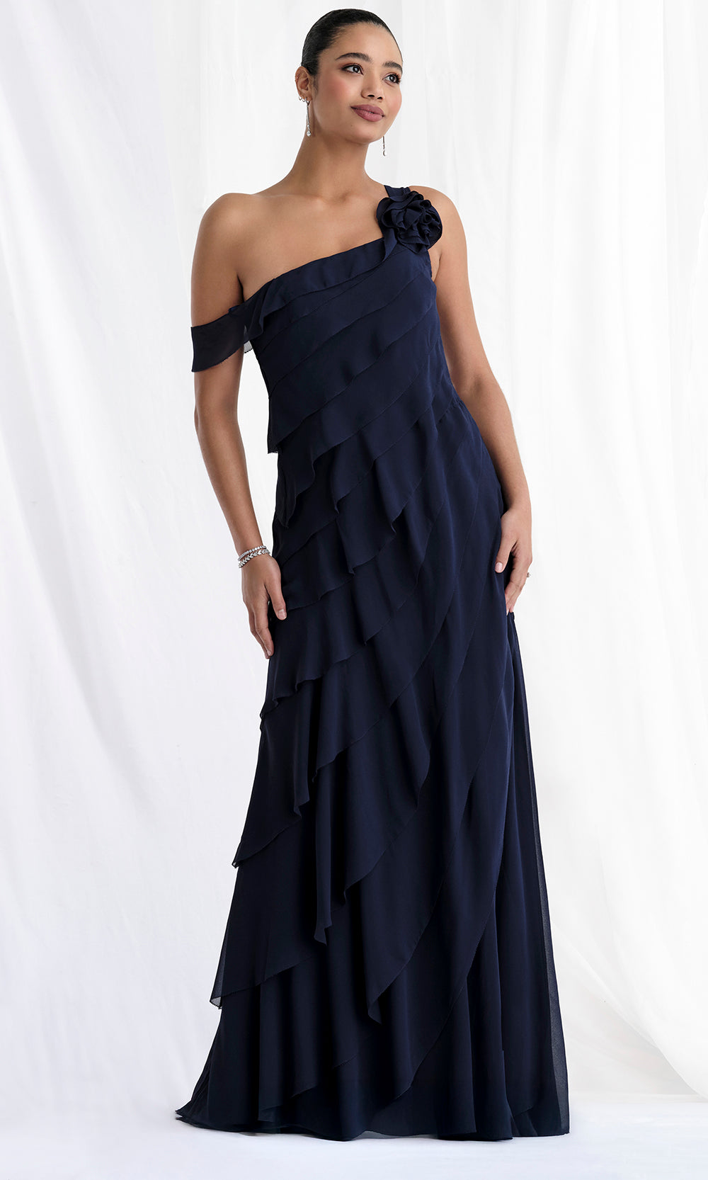MGNY By Mori Lee 73173 - Tiered Asymmetric Gown with Floral Detail Mother of the Bride Dresses