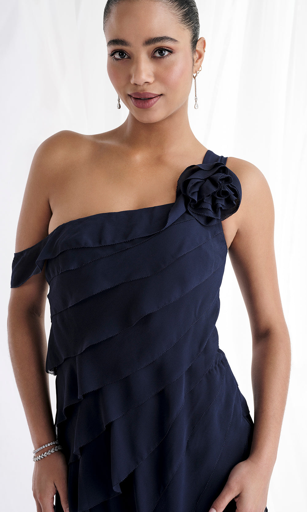 MGNY By Mori Lee 73173 - Tiered Asymmetric Gown with Floral Detail Mother of the Bride Dresses