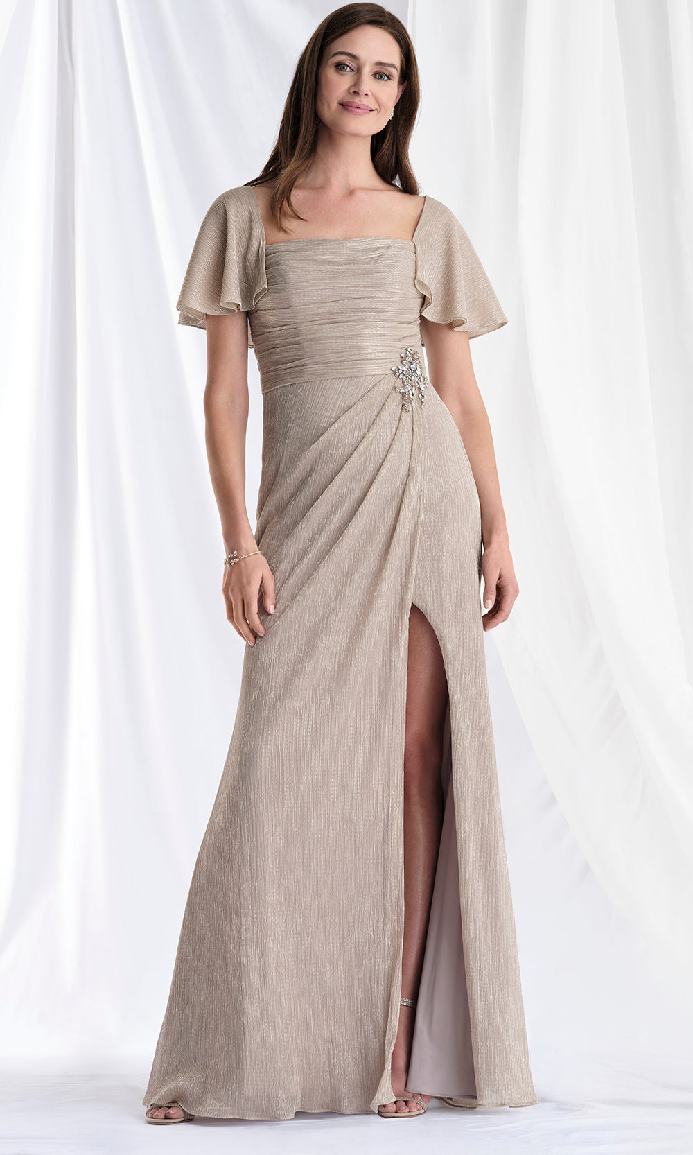 MGNY By Mori Lee 73178 - Square Neck Metallic Gown with Slit Mother of the Bride Dresses