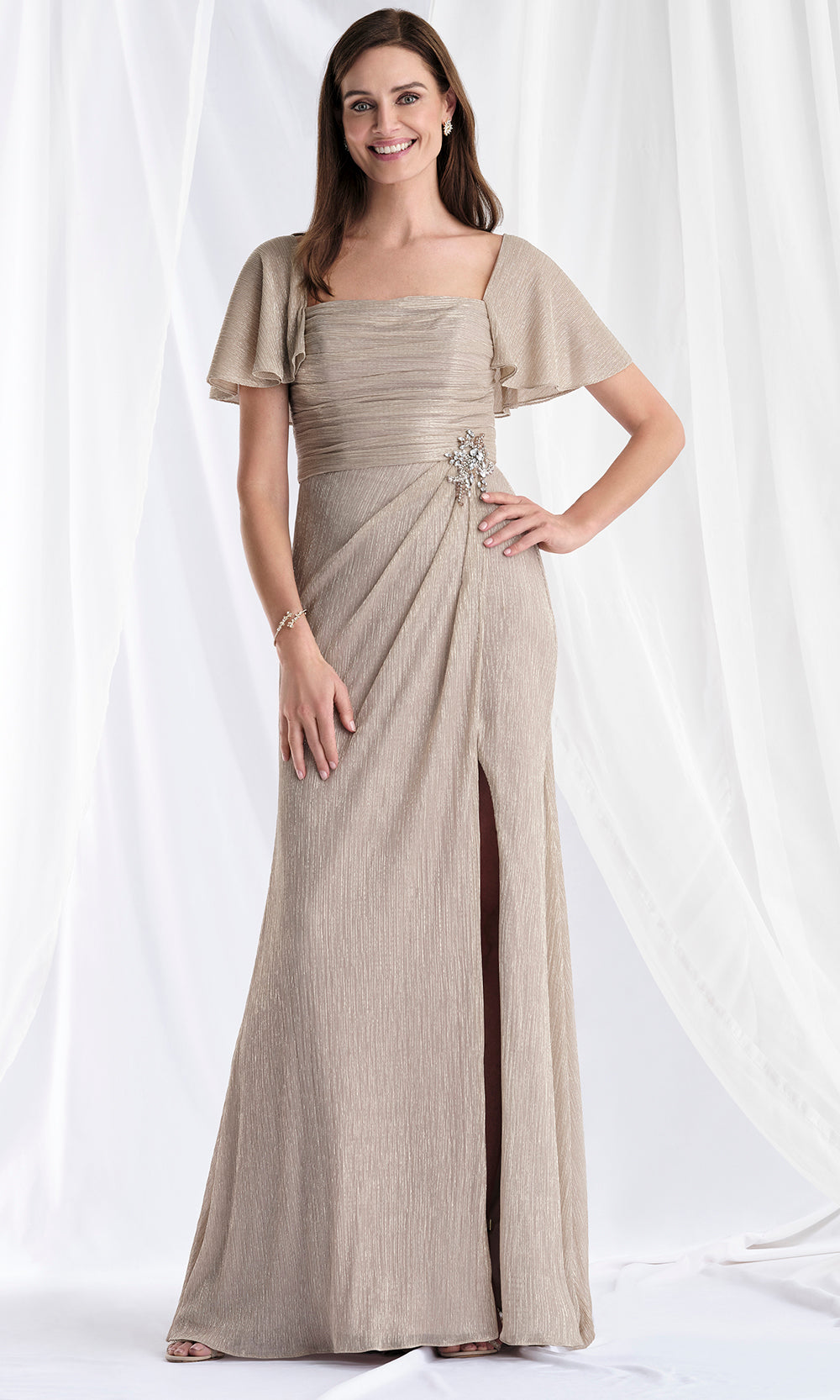 MGNY By Mori Lee 73178 - Square Neck Metallic Gown with Slit Mother of the Bride Dresses