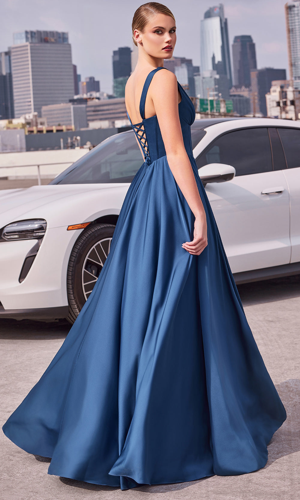 Ladivine 7447 - V-Neck Ruched Evening Dress