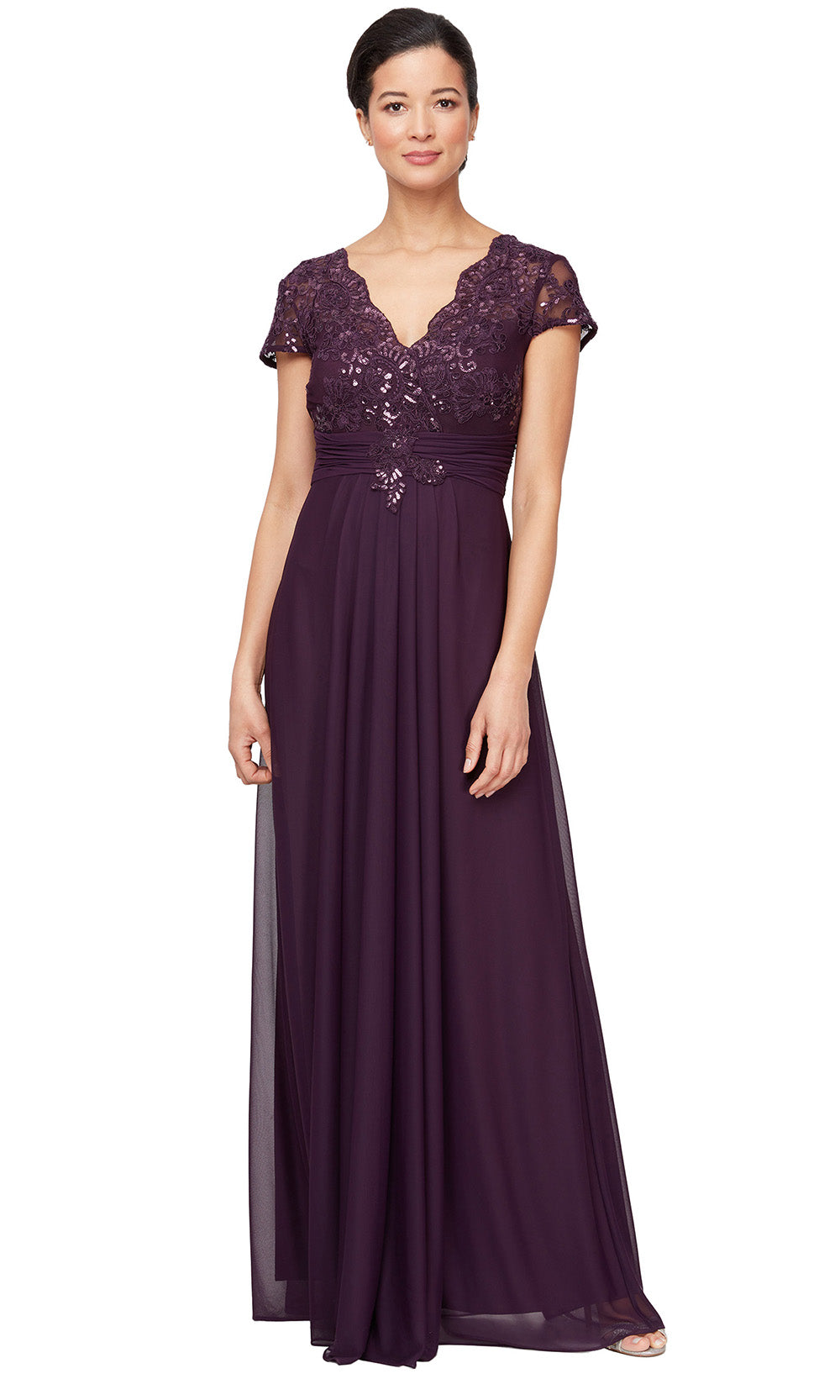 Alex Evenings 81171561 - Long 100% Polyester A-line Dress - Scallop Detailing, Short Sleeves, Pleated Waistband, Embroidery, Illusion Full Back ADASA Alex Evenings 81171561 - Long 100% Polyester A-line Dress - Scallop Detailing, Short Sleeves, Pleated Waistband, Embroidery, Illusion Full Back ADASA
