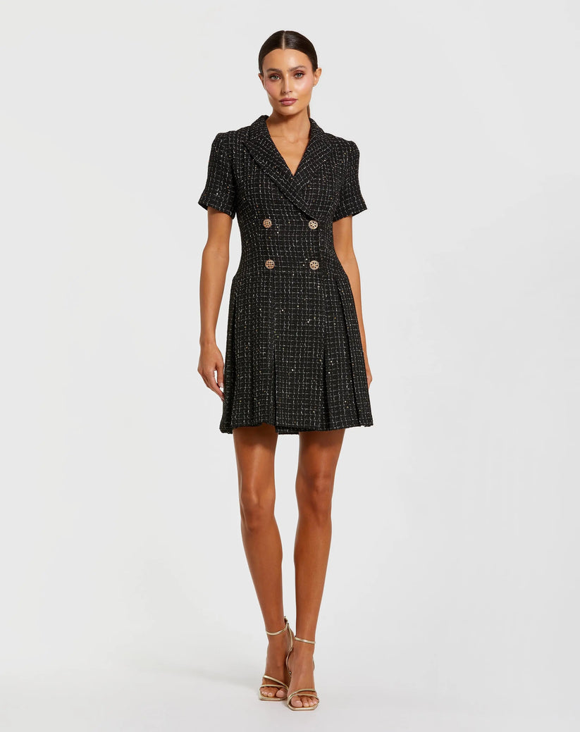 Mac Duggal Women's Short Sleeve V Neck Tweed Blazer Mini Dress - Black Mac Duggal Women's Short Sleeve V Neck Tweed Blazer Mini Dress - Black