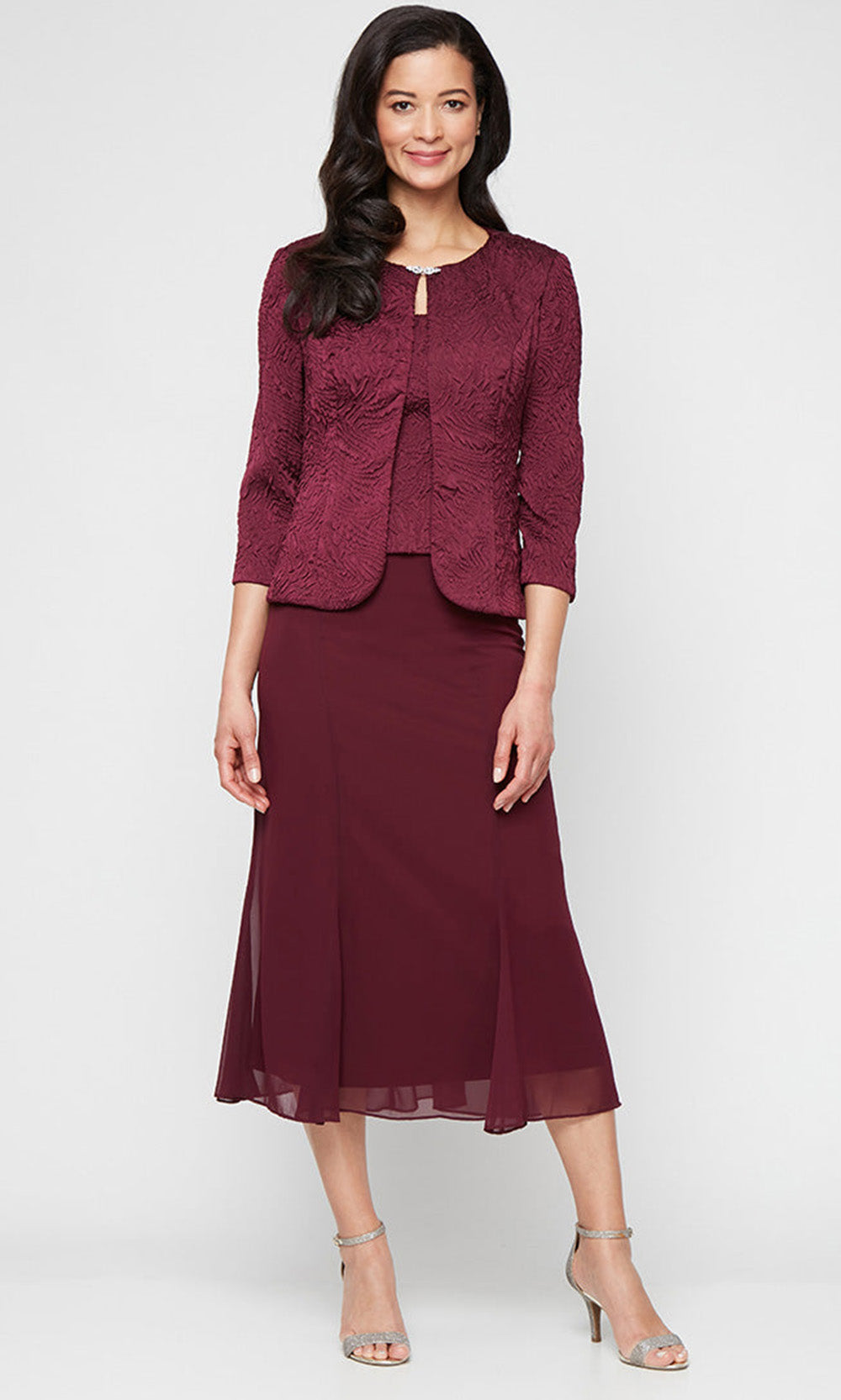 Alex Evenings 8225949 - Tea-Length 100% Polyester Sheath Dress - Three-Quarter Sleeve Jacket, Decorative Hook-Neck Closure, Sleeveless, Wide Straps ADASA Alex Evenings 8225949 - Tea-Length 100% Polyester Sheath Dress - Three-Quarter Sleeve Jacket, Decorative Hook-Neck Closure, Sleeveless, Wide Straps ADASA
