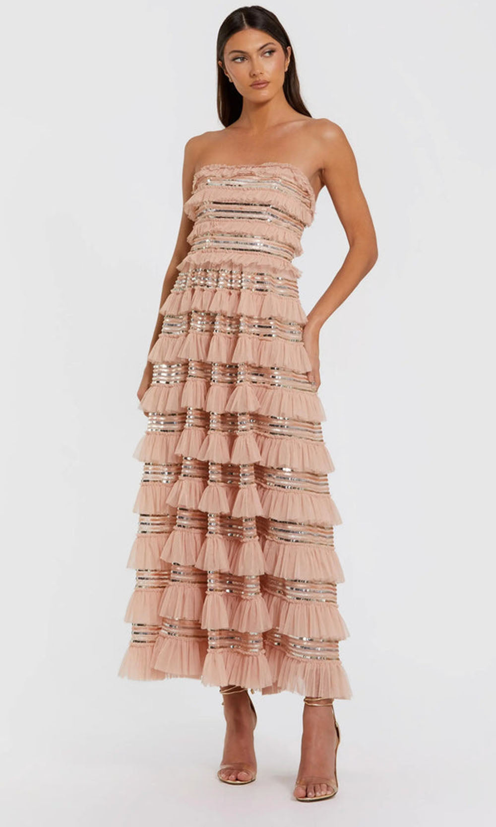 mac duggal strapless tiered ruffled a-line midi dress 8155 - Tea-Length Sequin-embellished mesh fabric (100% polyester) Ideal for weddings Color:Greenery ZAFUL Balloon Sleeve A Occasion_Formal