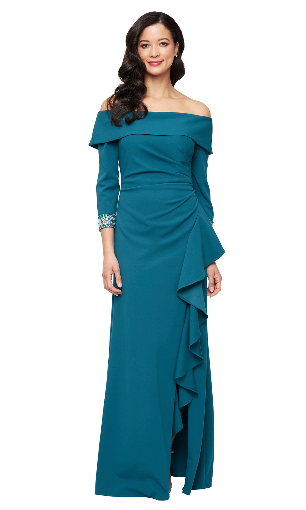 Alex Evenings 8160531 - Long 96% Polyester, 4% Spandex Sheath Dress - Long Sleeves, Beaded Cuff, Cascade Ruffle Skirt, High Slit, Fold-Over Detailing ADASA Alex Evenings 8160531 - Long 96% Polyester, 4% Spandex Sheath Dress - Long Sleeves, Beaded Cuff, Cascade Ruffle Skirt, High Slit, Fold-Over Detailing ADASA