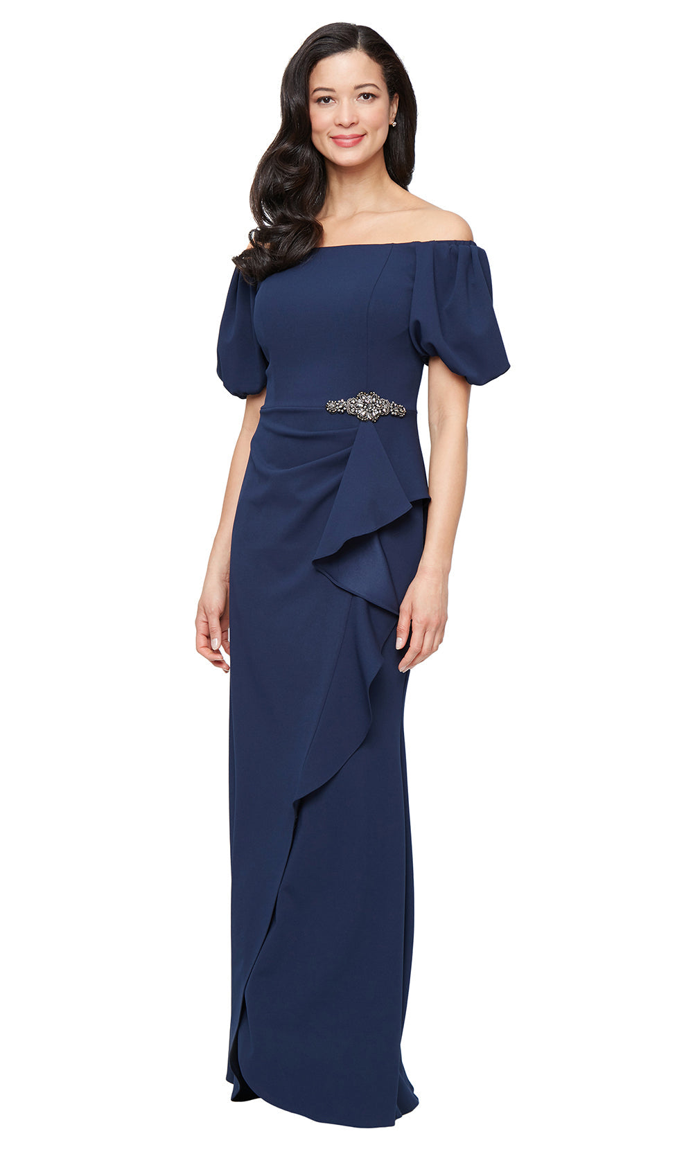 Alex Evenings 8160532 - Off Shoulder Crepe Gown with Ruffle Detail Alex Evenings 8160532 - Off Shoulder Crepe Gown with Ruffle Detail