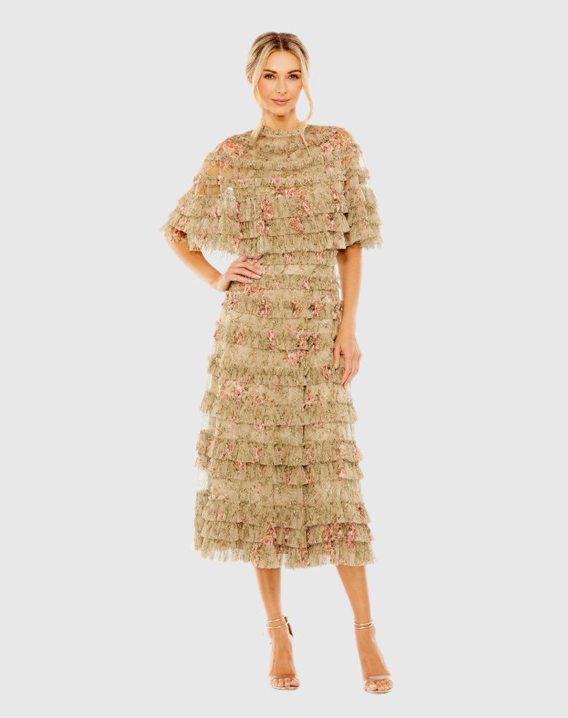 Mac Duggal 8231 - Tiered Floral Ruffle Tea-Length Dress In Green