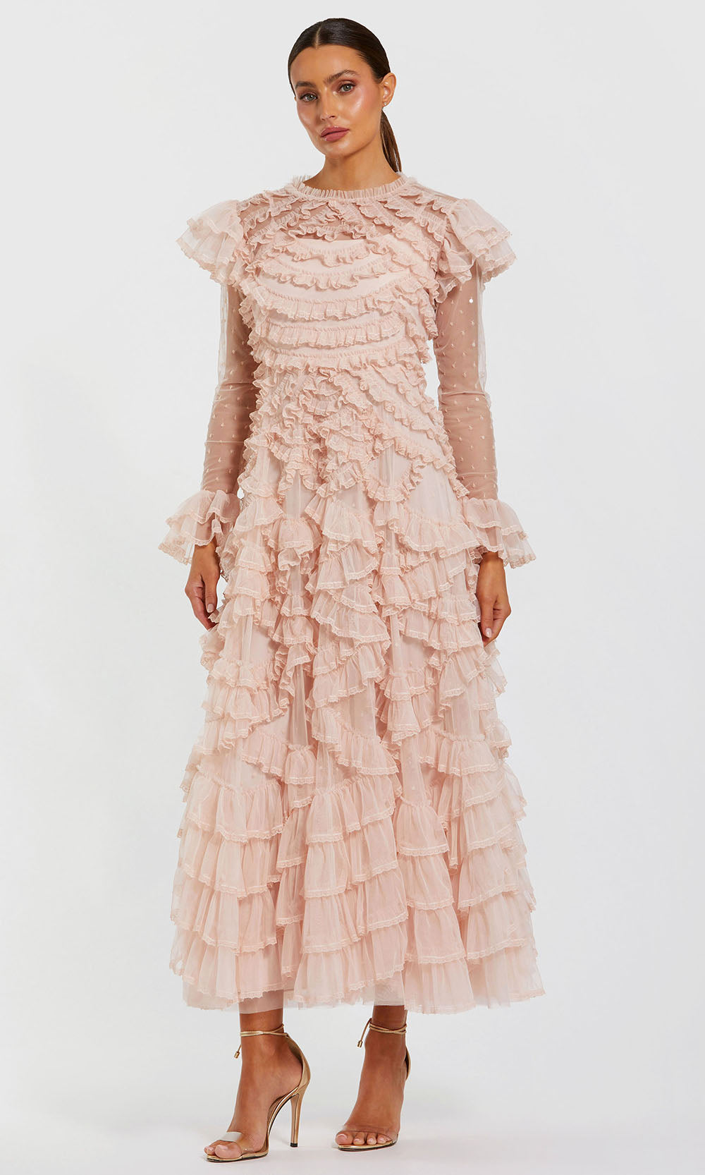 Mac Duggal - Pink Tiered Ruffle Trim Long Sleeve Midi Dress