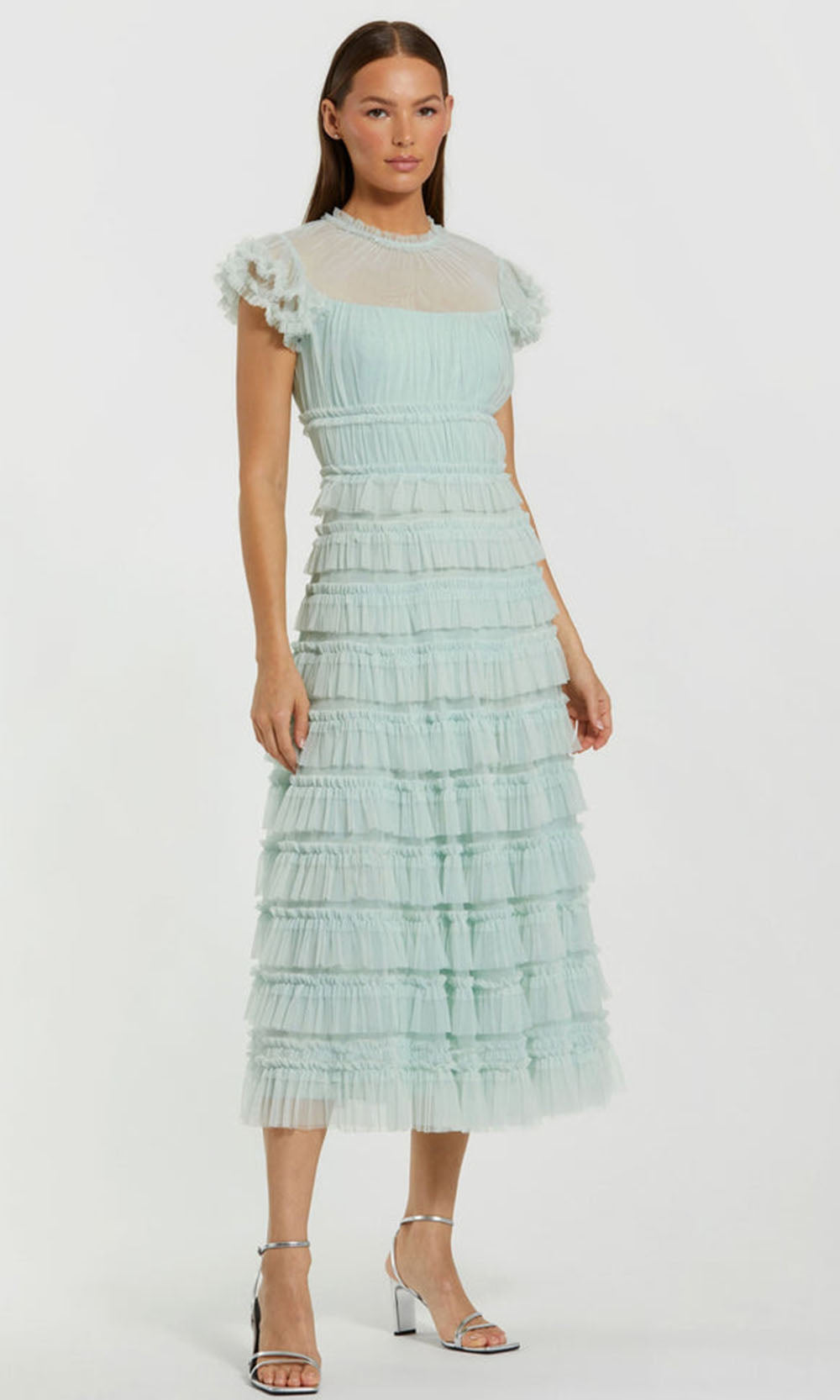 Green Mesh Micro Ruffle High Neck Midi Dress | Mac Duggal Mint / US 6