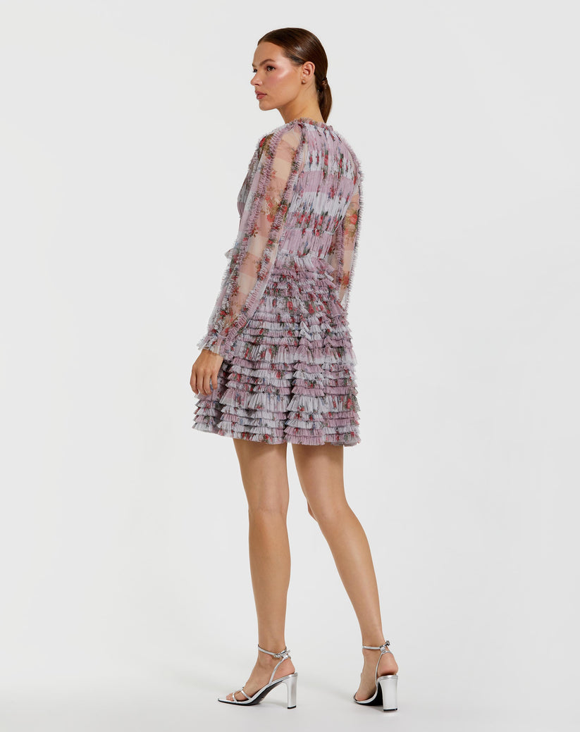 Mac Duggal 8328 - Sheer Long Sleeve Floral Printed Cocktail Dress In Purple and Multi