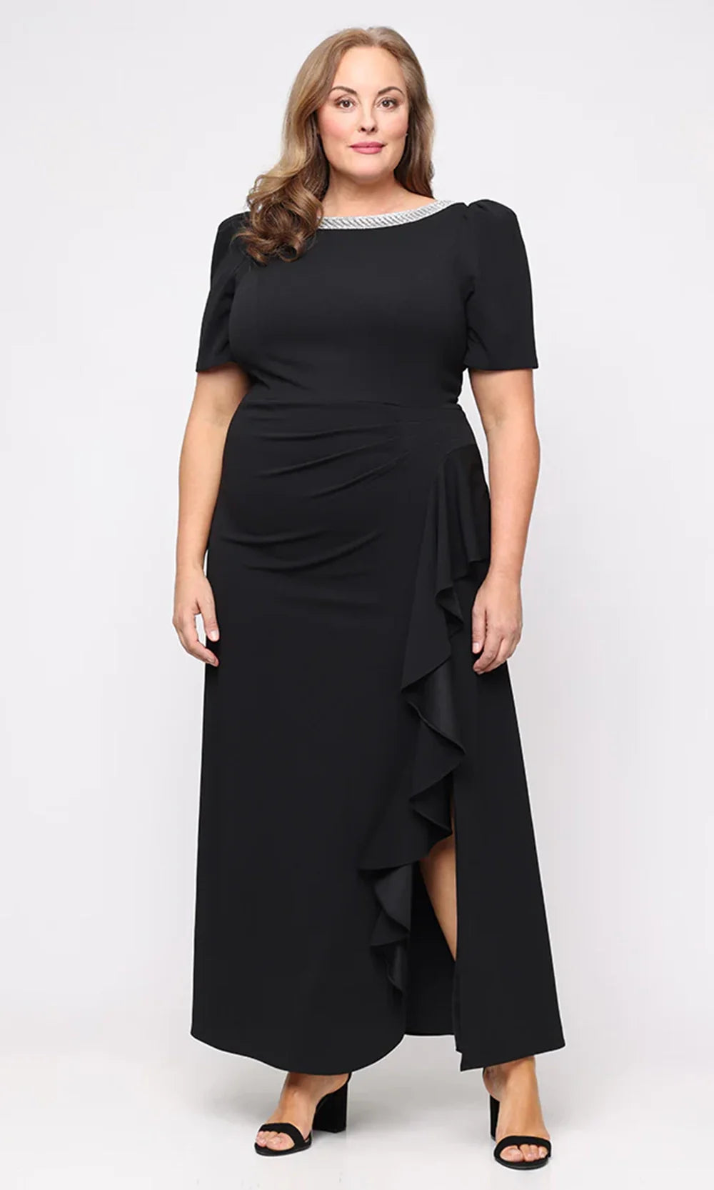 Alex Evenings Plus Size Embellished Boat-Neck Cascade Ruffle Gown - Black