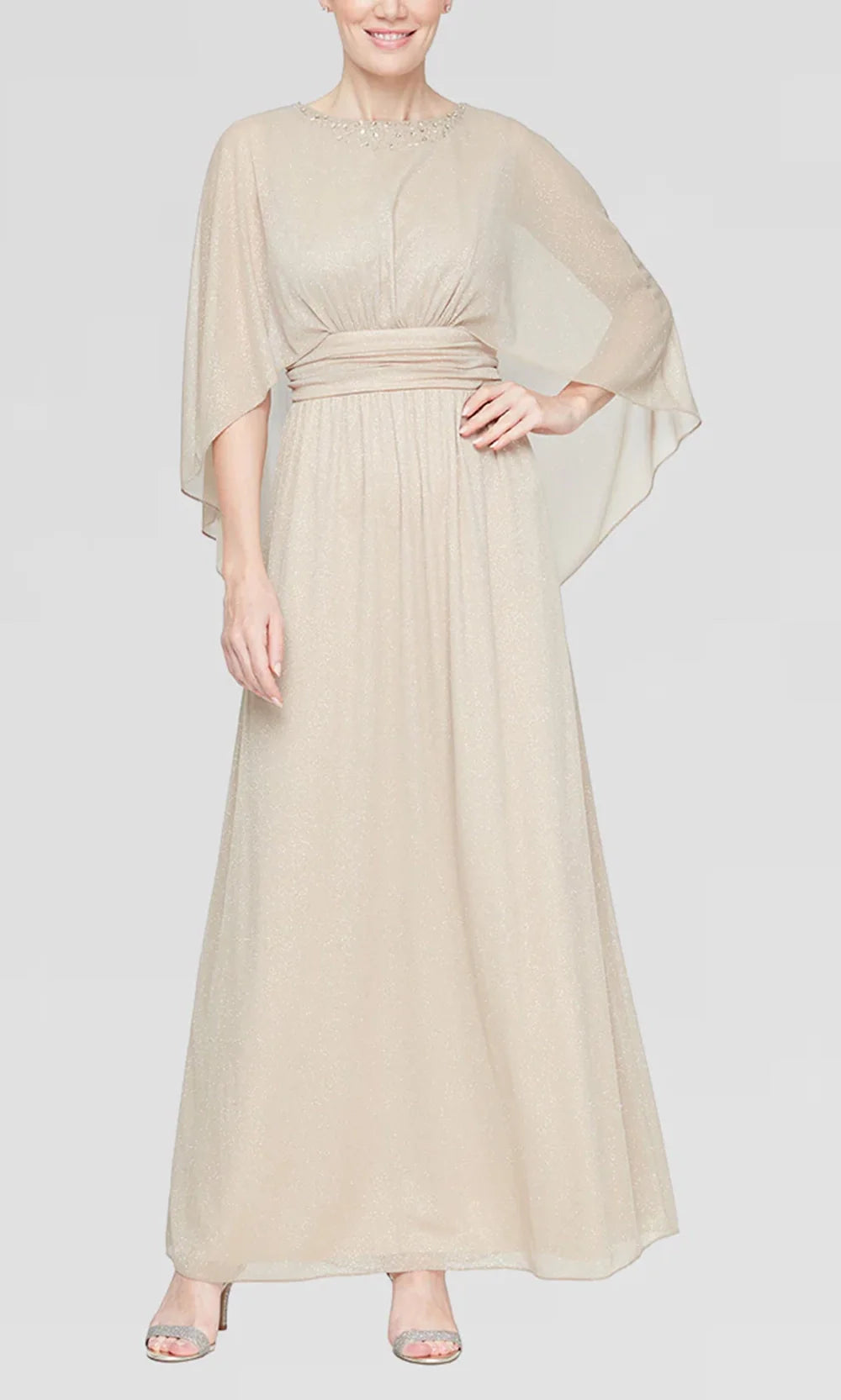 S.L. Fashions 9233253 - Long 100% Polyester A-line Dress - Capelet Sleeve Overlay, Beaded, Ruched Waistband, Full Back, Soft Flowy Skirt ADASA S.L. Fashions 9233253 - Long 100% Polyester A-line Dress - Capelet Sleeve Overlay, Beaded, Ruched Waistband, Full Back, Soft Flowy Skirt ADASA