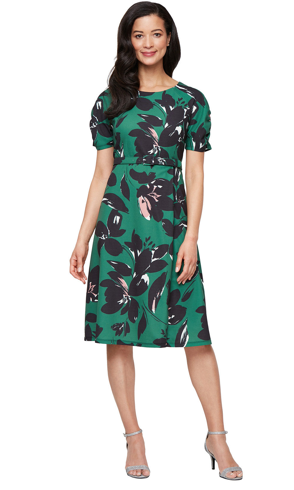 S.L. Fashions 9130266 - Knee-length Dress: 95% Polyester, 5% Spandex A-line Dress - Short Sleeves, Belted Waist, Floral Print, Full Back, Concealed Back Zipper ADASA S.L. Fashions 9130266 - Knee-length Dress: 95% Polyester, 5% Spandex A-line Dress - Short Sleeves, Belted Waist, Floral Print, Full Back, Concealed Back Zipper ADASA