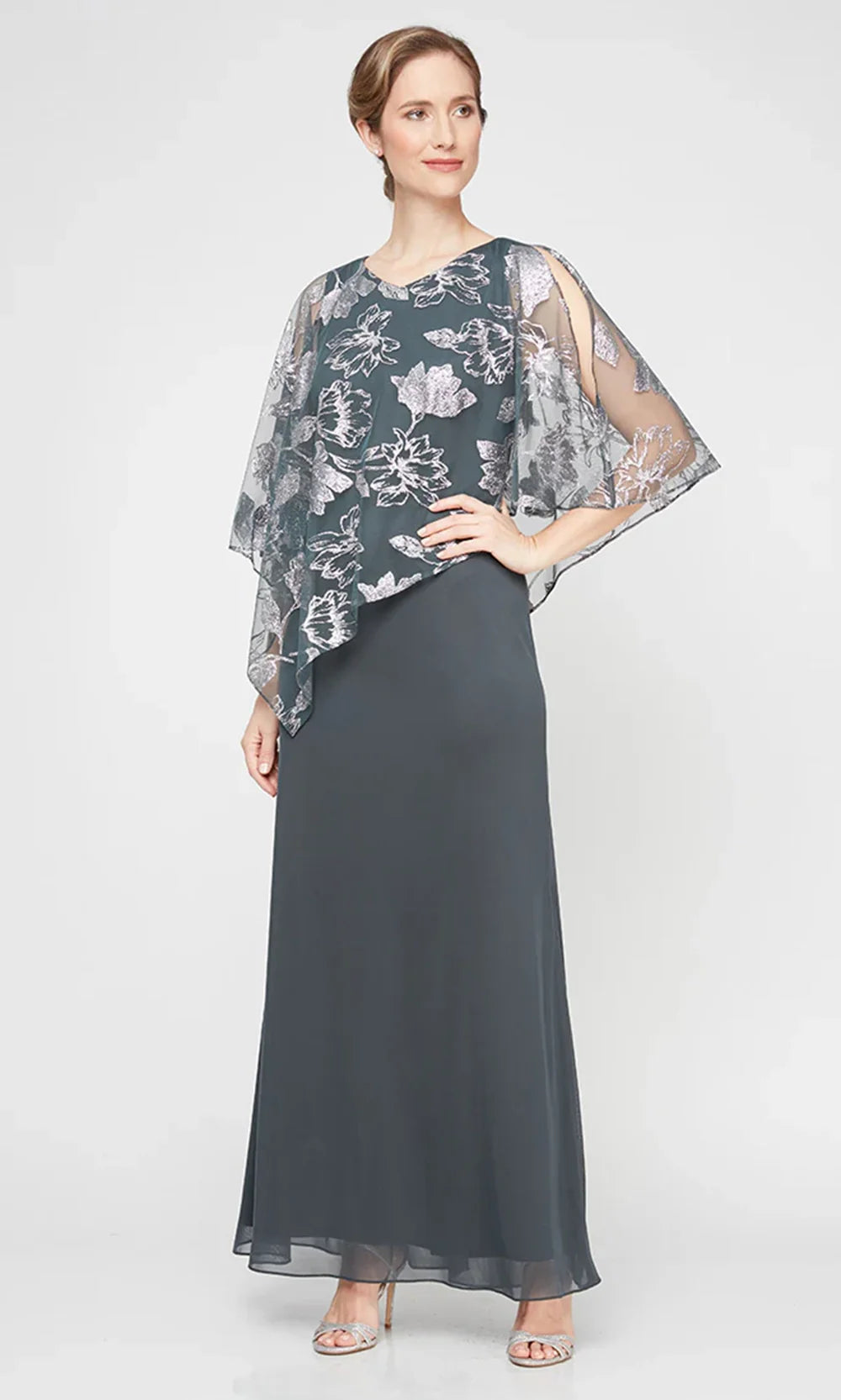 Sl Fashions Women's Metallic Floral Chiffon Cape Gown - Blue
