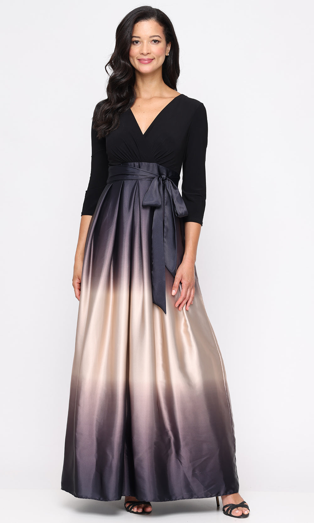 S.L. Fashions 9151145 - Pleated Ombre Skirt V-Neckline Gown S.L. Fashions 9151145 - Pleated Ombre Skirt V-Neckline Gown