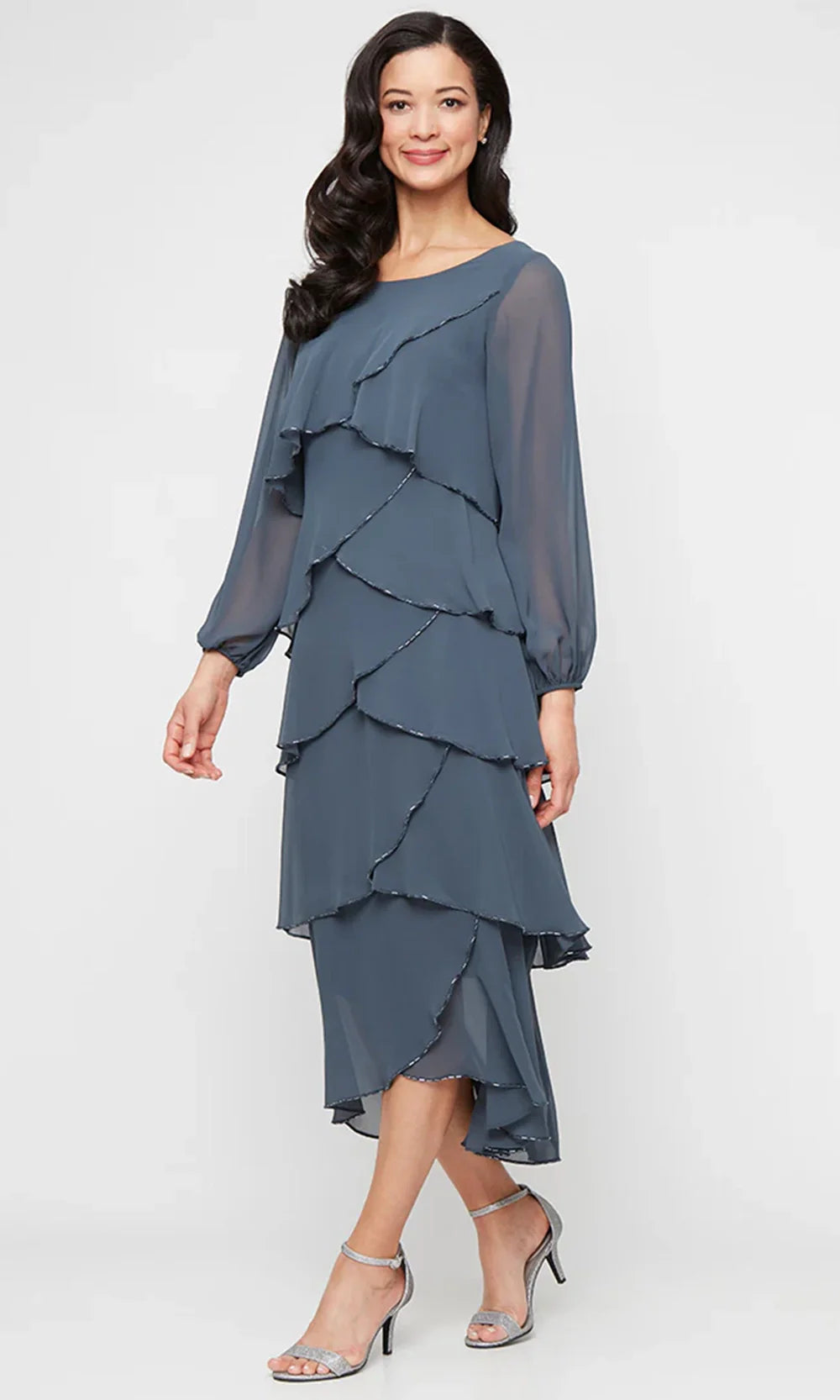 S.L. Fashions 9470731 - Long Sleeve Scoop Neckline Tiered Dress Tea Length Dresses