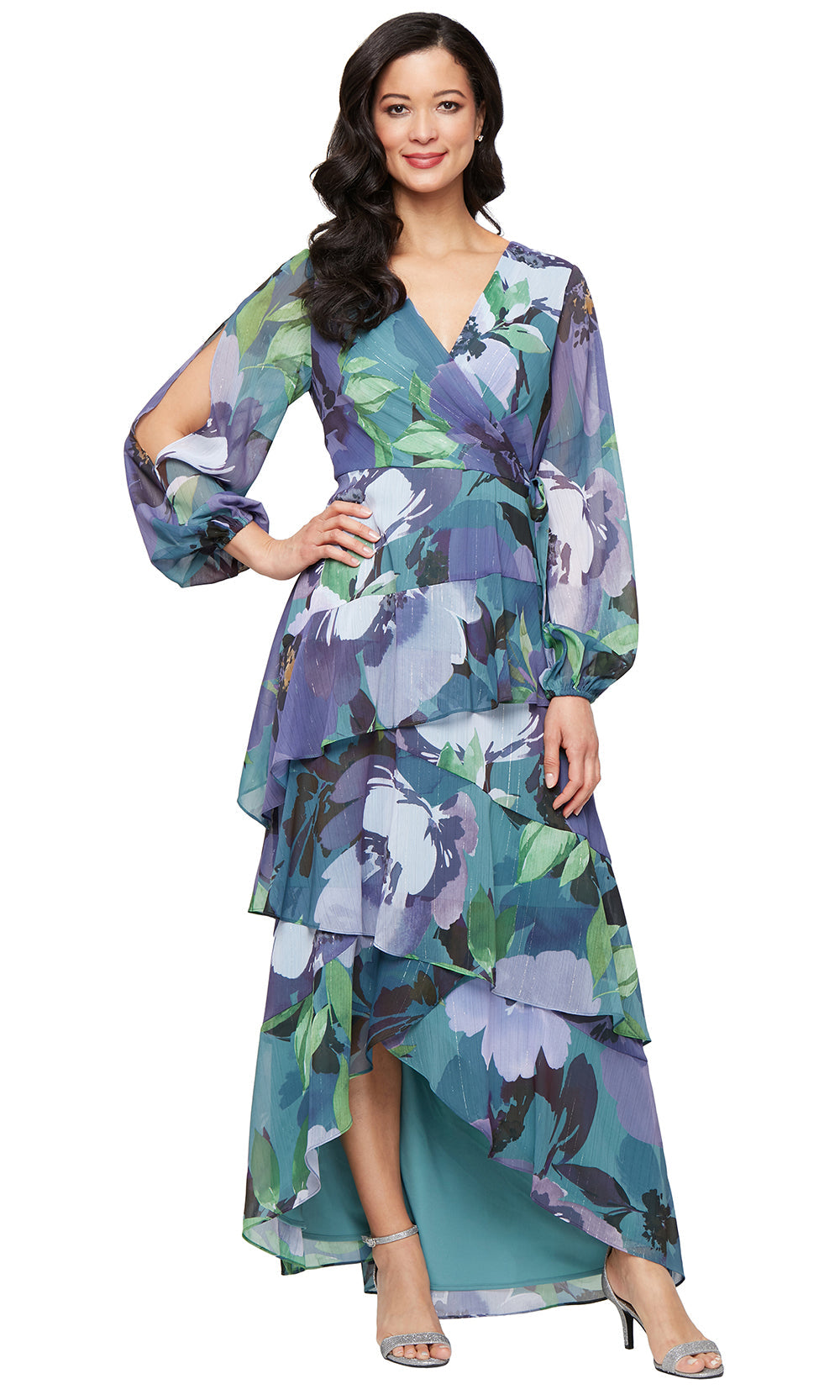 S.L. Fashions 9172138 - High Low 100% Polyester A-line Dress - Ruffle Tiered Skirt, Slit Long Bishop Sleeves, Surplice Bodice, Full Back, Floral Print ADASA S.L. Fashions 9172138 - High Low 100% Polyester A-line Dress - Ruffle Tiered Skirt, Slit Long Bishop Sleeves, Surplice Bodice, Full Back, Floral Print ADASA