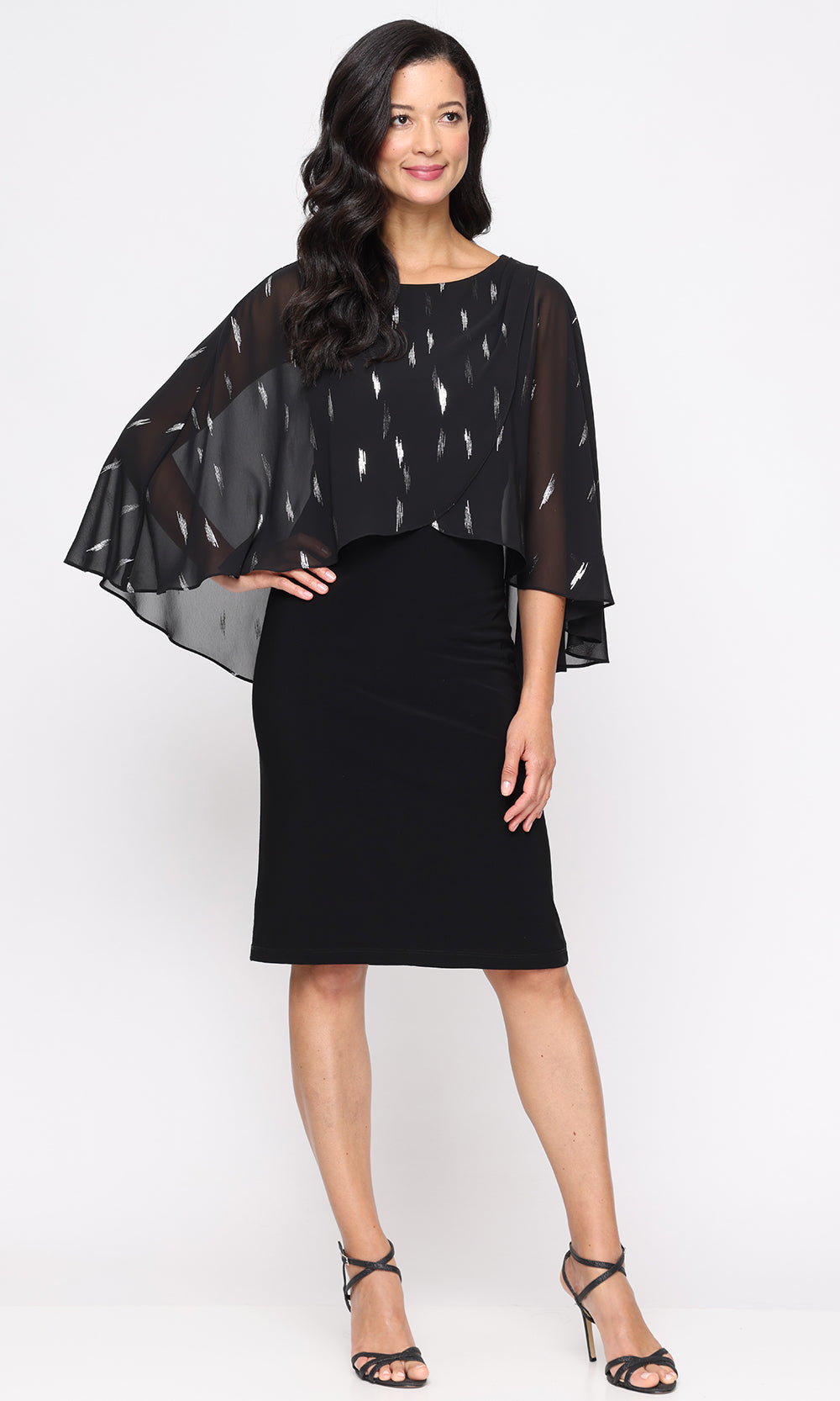 S.L. Fashions 9179502 - Knee-length 100% Polyester Sheath Dress - Printed Capelet Overlay, Fitted Bodice, Full Back ADASA S.L. Fashions 9179502 - Knee-length 100% Polyester Sheath Dress - Printed Capelet Overlay, Fitted Bodice, Full Back ADASA