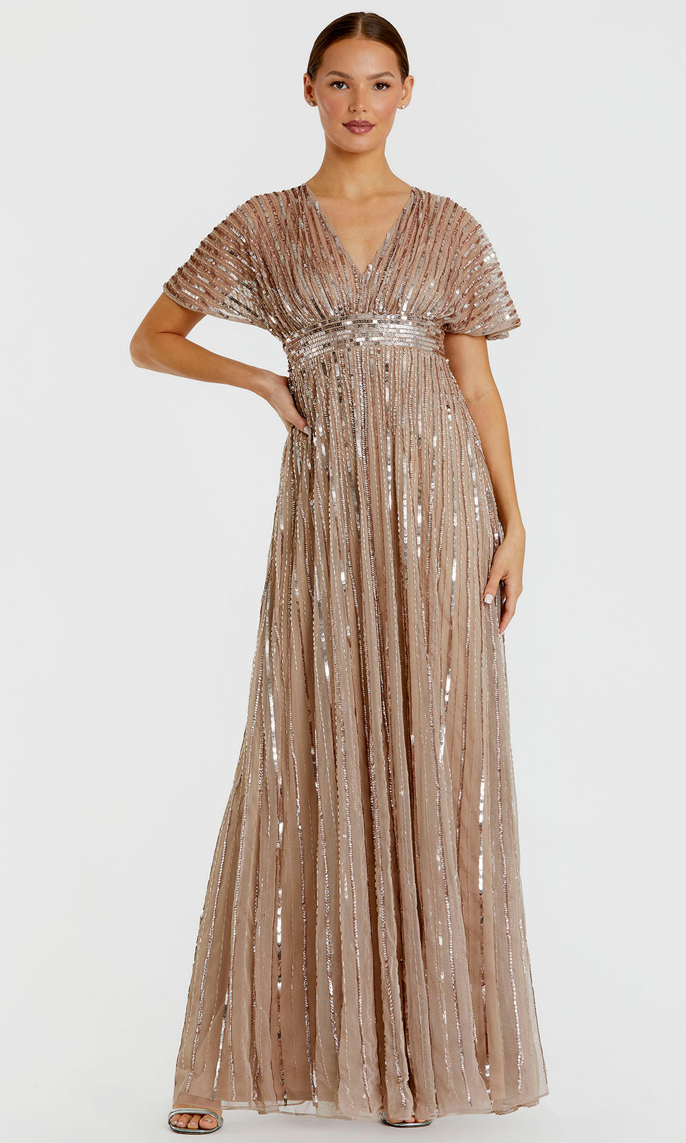 Mac Duggal Women's Embellished Mesh V Neck Short Sleeve Gown