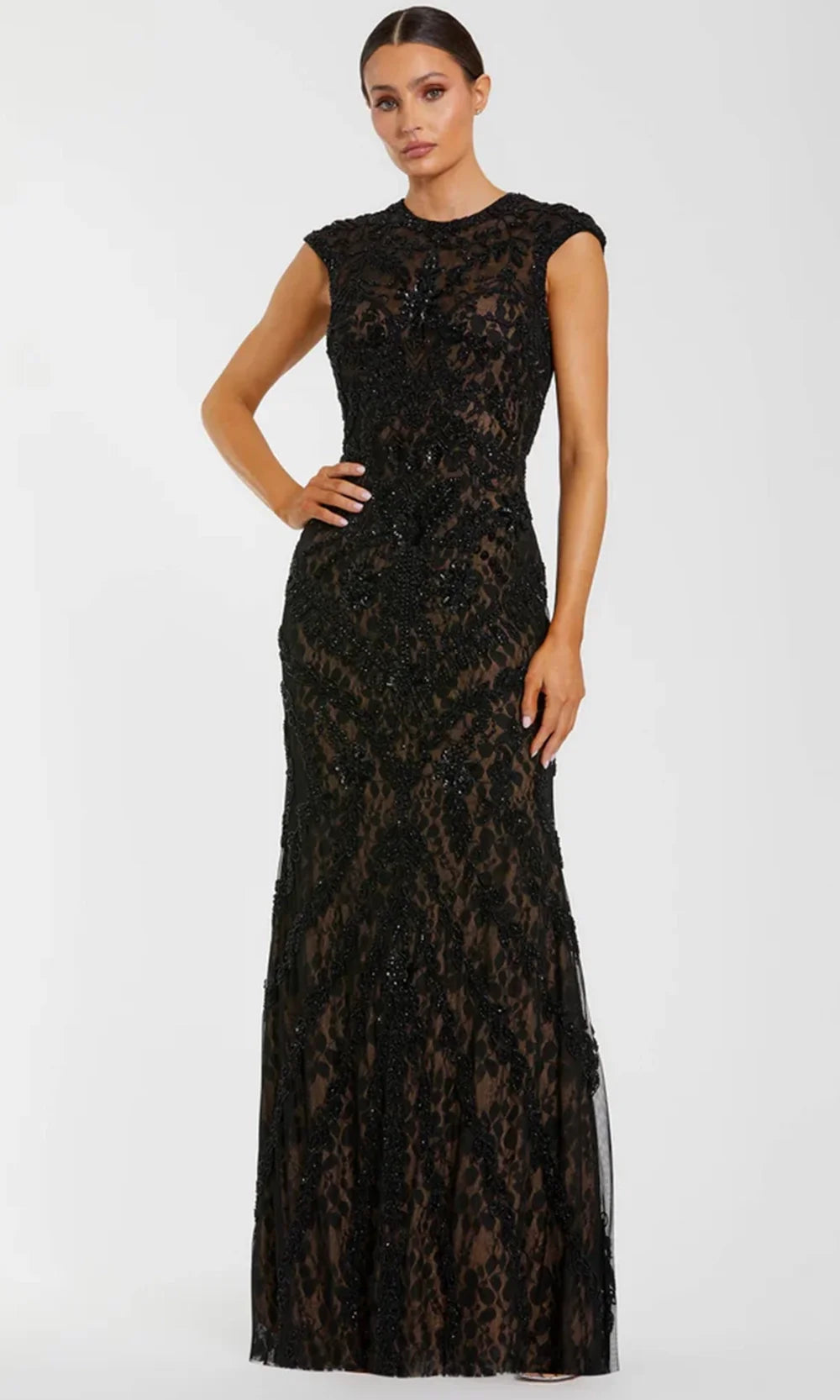 Mac Duggal - Black Embellished Lace Cap Sleeve Evening Gown - Black Nude / US 4 Mac Duggal - Black Embellished Lace Cap Sleeve Evening Gown - Black Nude / US 4
