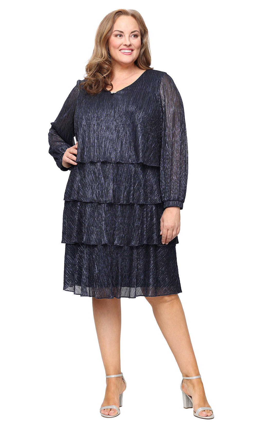 S.L. Fashions 9455249 - Knee-length Dress: 45% Polyester, 55%Metallic  Lining: 100% Polyester Sheath Dress - Tiered Layers, Sheer Long Sleeves,  Soft Shimmer Effect, Full Back  ADASA
