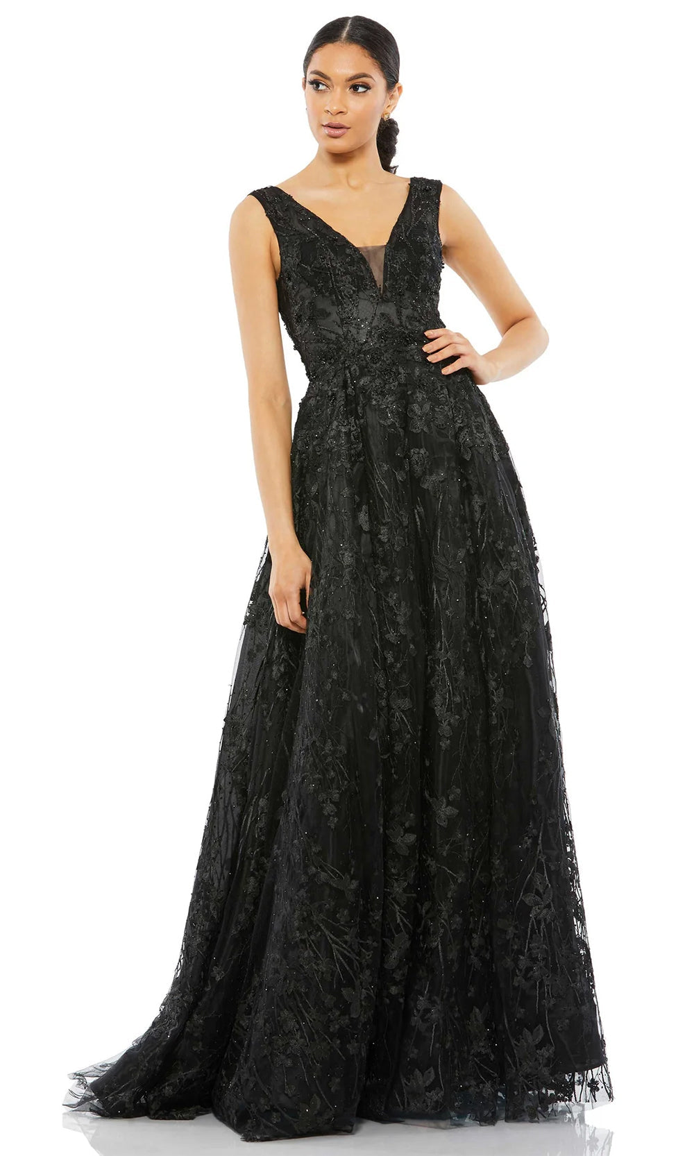Mac Duggal - Black Floral Embroidered Illusion V-Neck Gown - US 8 Mac Duggal - Black Floral Embroidered Illusion V-Neck Gown - US 8