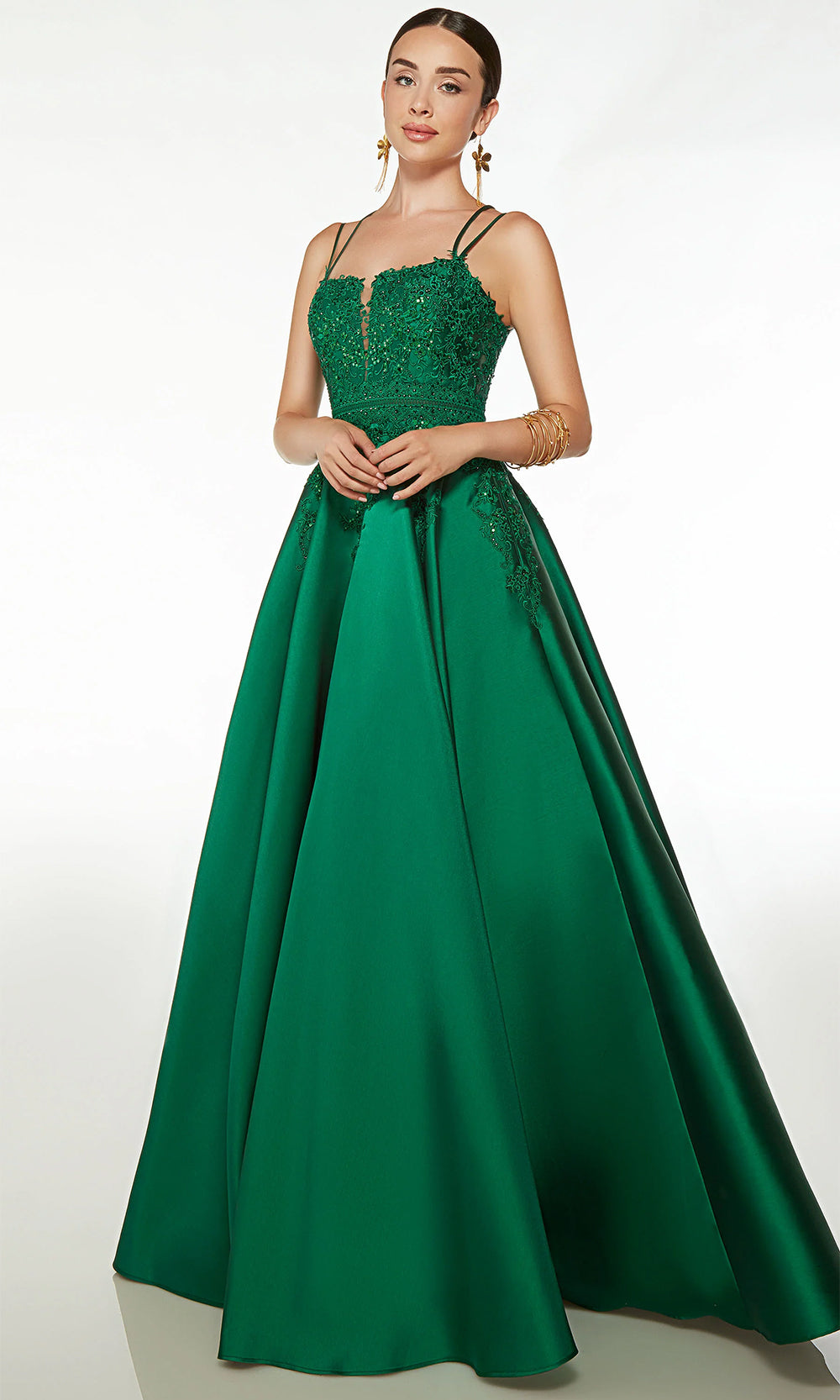 Alyce Paris 61570 - Long Lace/Mikado A-Line Dress - Double Spaghetti Straps, Fitted, Sleeveless, Plunging Neck, Floral Embroidery, Beads, Floor Length, Mid-Open Strappy Back, Lace Up ADASA Alyce Paris 61570 - Long Lace/Mikado A-Line Dress - Double Spaghetti Straps, Fitted, Sleeveless, Plunging Neck, Floral Embroidery, Beads, Floor Length, Mid-Open Strappy Back, Lace Up ADASA